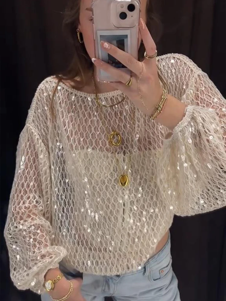 Paillettenbesetzter, ausgeschnittener Damenpullover, schick, lässig, langärmlig, hoher Kragen, vielseitig kombinierbar, lockerer Oberteil, Y2K, Damen-Sommer-Streetwear