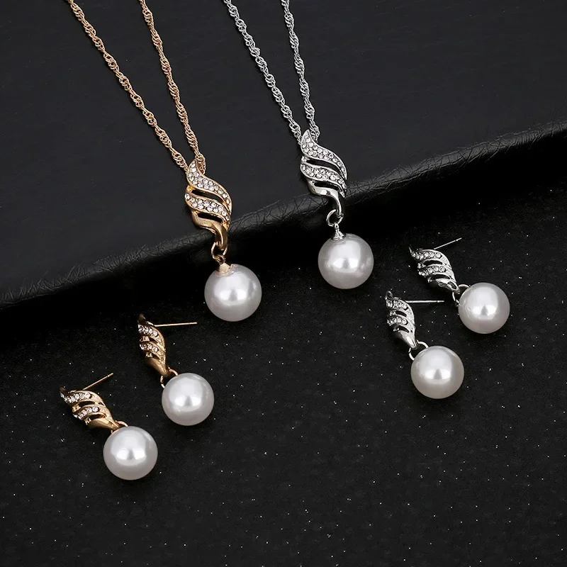 

2 Pieces Original Jewelry Sets Beads Earings and Snake Chain Pearl Necklaces for Women Wedding Fashion Gold Silver Accessories