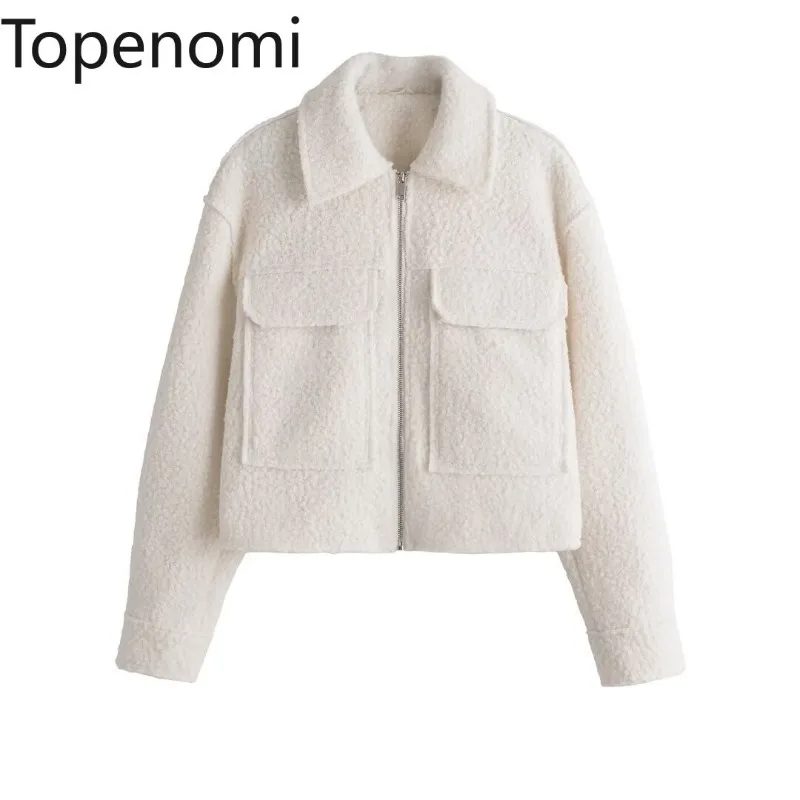 Topenomi 2024 Otoño Invierno Chaqueta corta mujer moda manga larga bolsillo cremallera abrigo de piel sintética elegante Casual solapa Tops sólidos