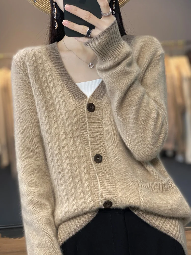 Cardigã de lã merino para mulheres, 100% lã merino, flor torção espessa, gola em v, suéter de cashmere solto, roupas femininas, tops casuais, outono