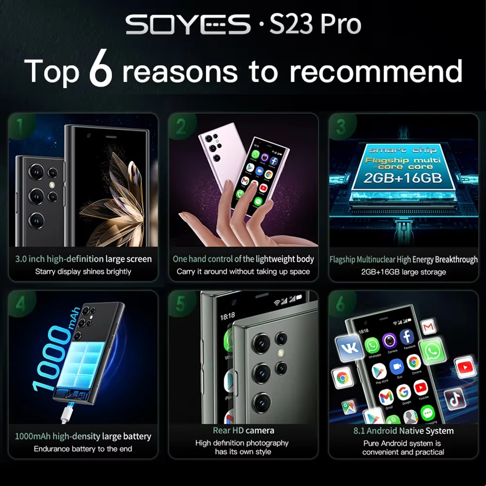 SOYES-S23 Pro,Mini phone,3.0 inch,2+16GB ROM,Dual SIM,Smartphone Android,Google Play Store,3G Network,1000mAh,Mobile phones