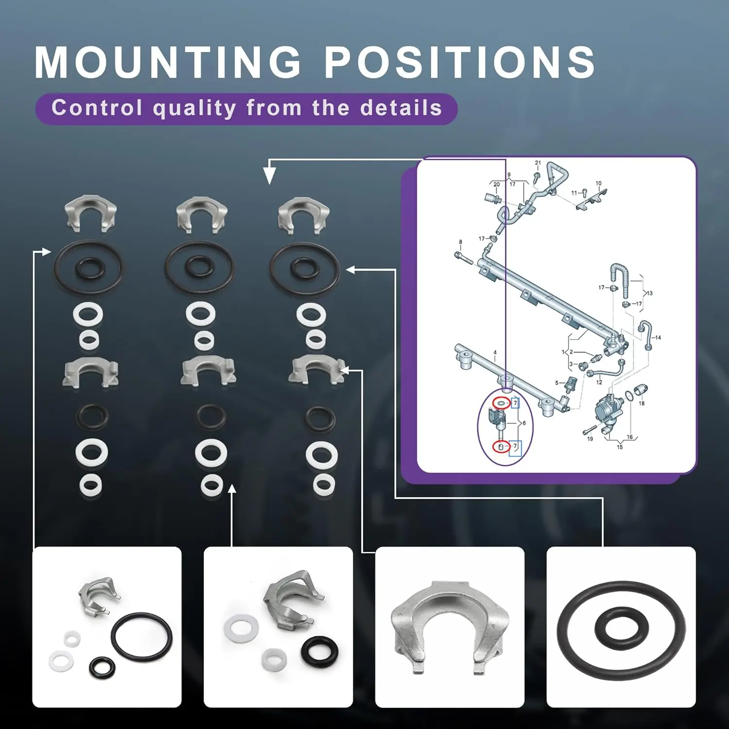 03H198149A Fuel Injector Seal Kit 6pcs for Audi Q7 VW Touareg Passat CC 3.6L FSI VR6 Upper O-Ring Gasket Set view 3