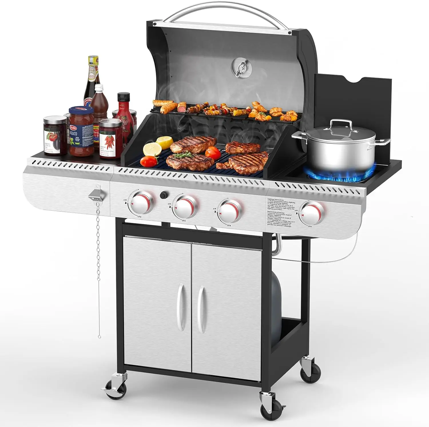 3 Burner BBQ Propane Gas Grill, 37,000 BTU Stainless steel Gas Grill with Two Side Storage Shelves,Barbecue Gas Grill for