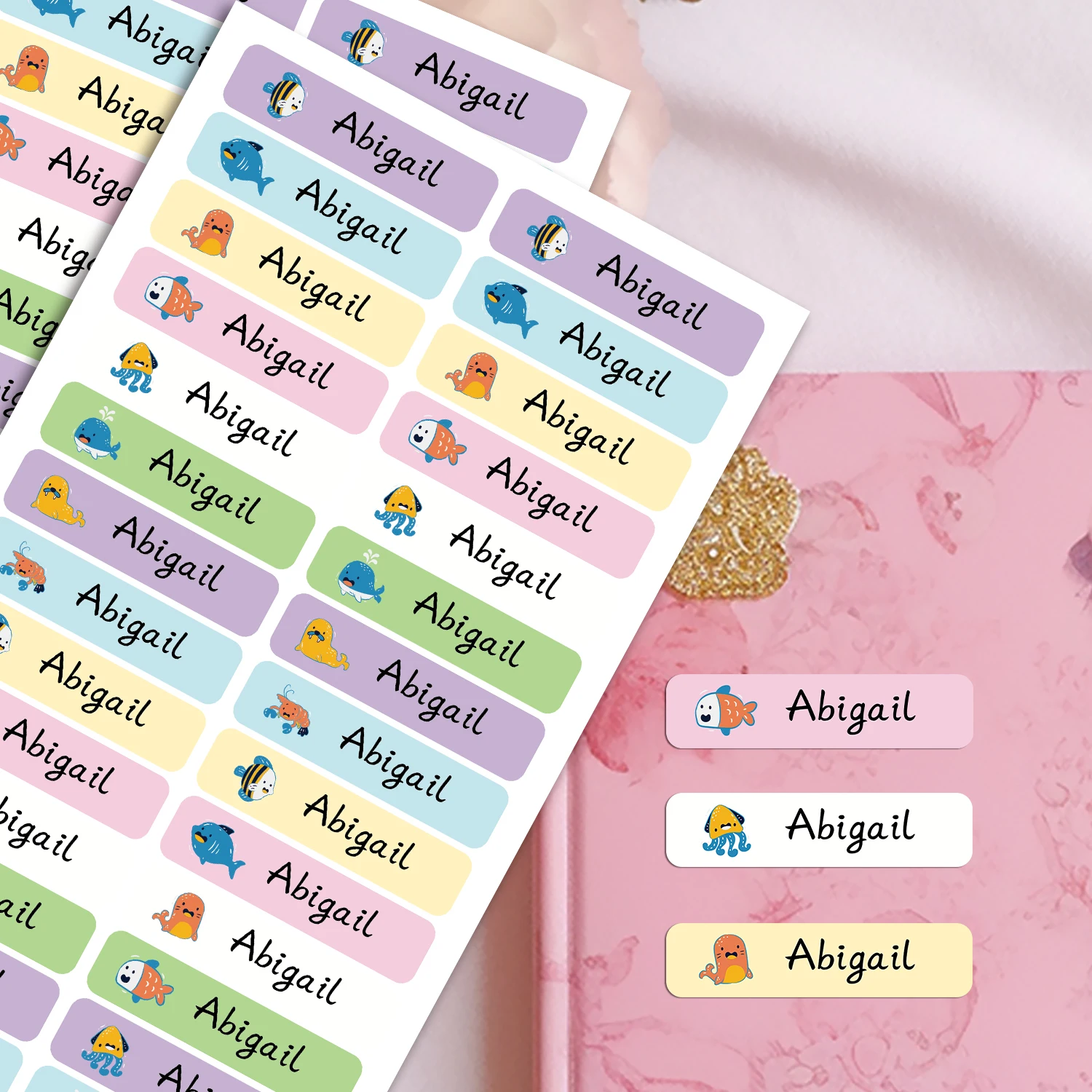 ملصقات علامات الكائنات البحرية المخصصة ملصقات أسماء مقاومة للماء لسلسلة الحيوانات وزجاجات الموت وحقائب الظهر واللوازم المدرسية