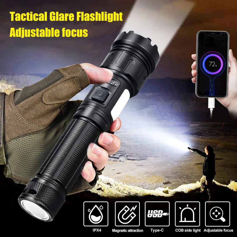 2500lm Tactical Powerful LED Flashlight Zoom Hunting Torch USB Type-C Charging Red / White Light Powerful Flash Lamp For Camping