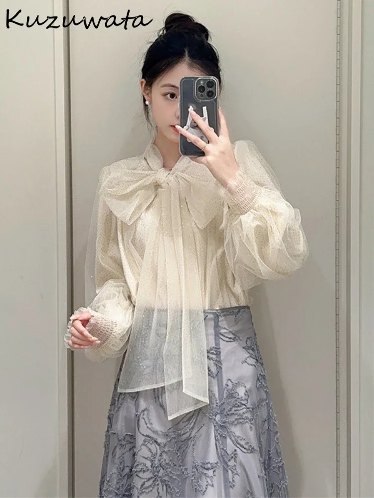 Kuzuwata Sweet Stand Collar Lantern Sleeve Solid Shirt Voile Sequin Elegant All-match Blouses Japan New Moda Early Spring Blusas