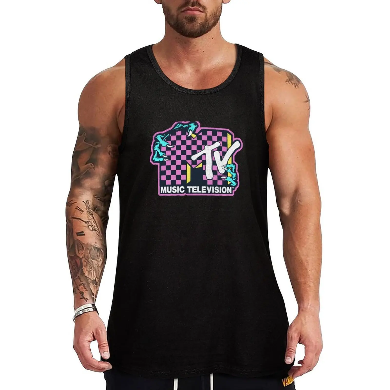 MTV Checkered Monster Hand Logo Tank Top sports vest sports suits Men's clothes Men's cotton t-shirt