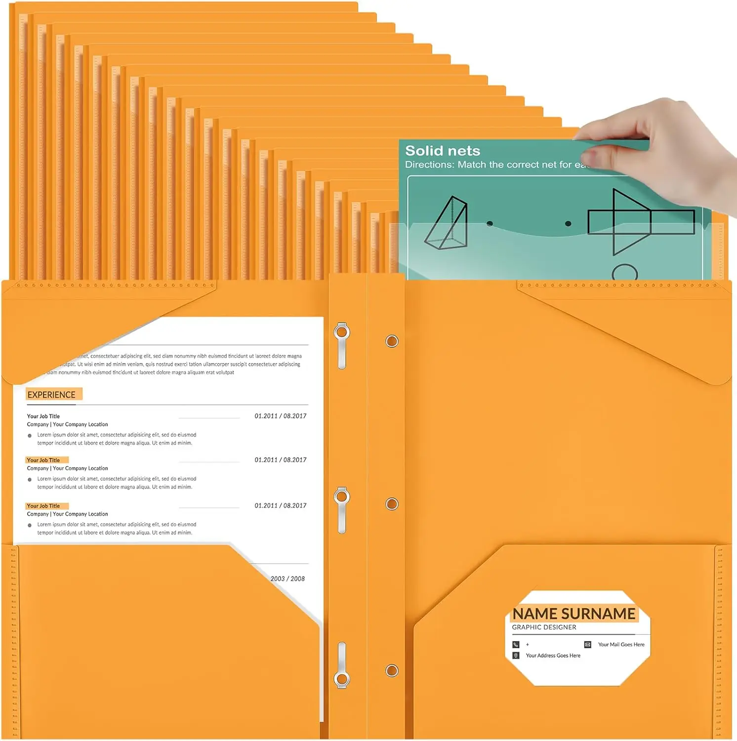 

72 Pack Plastic Folders with Clear Front Pocket and 3 Prongs, Orange for School Office