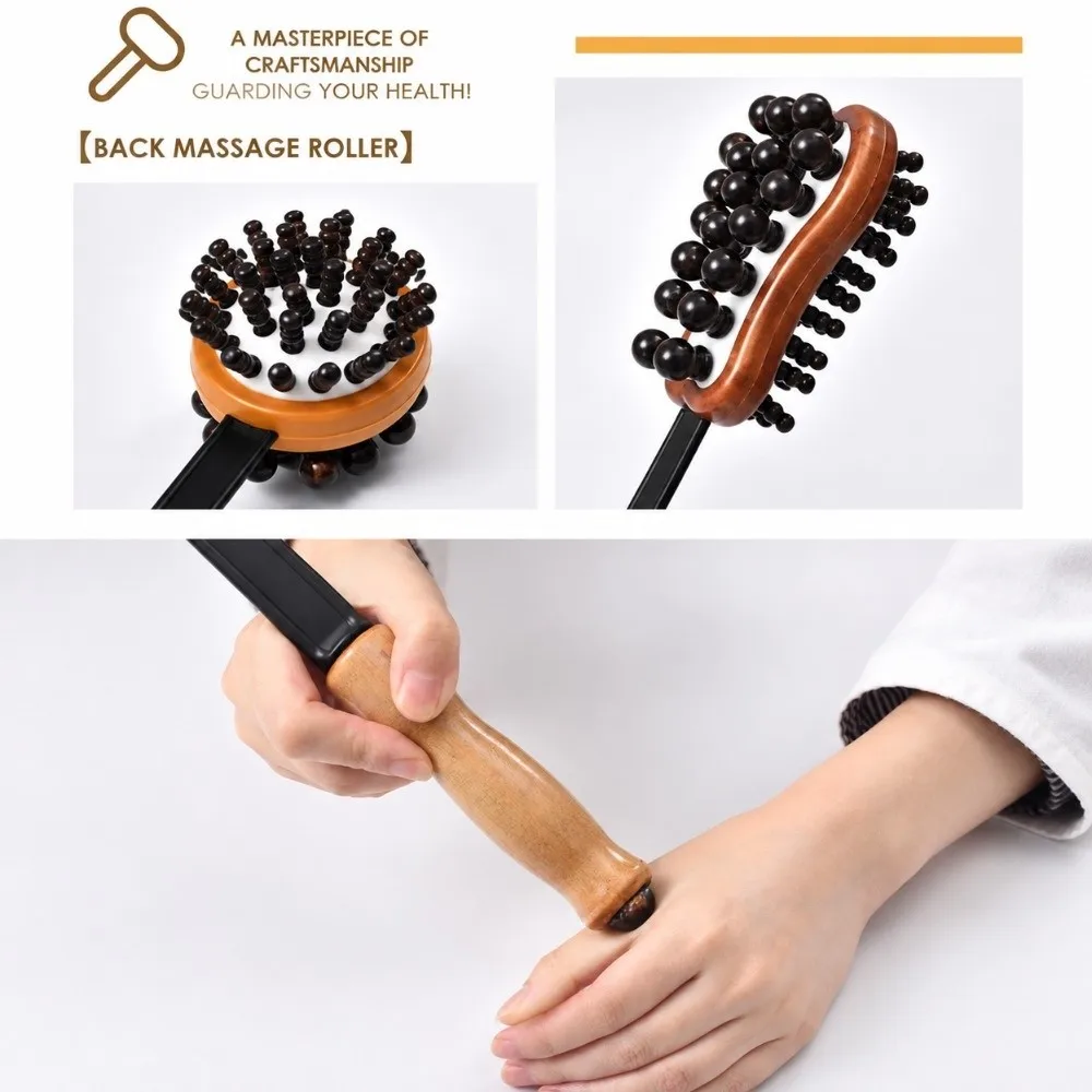 Double Sided Head Hand Massage Hammer Long Grip Wooden Handle Body Tapping Stick Light Weight Bead Nodule
