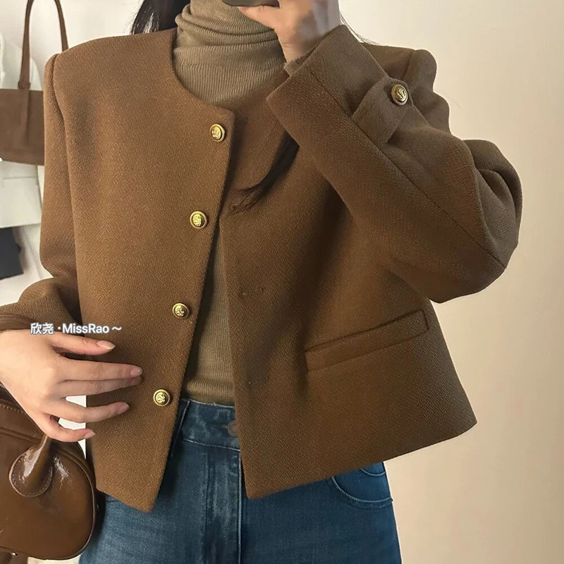 

Корейская весенне-осенняя укороченная куртка, женское однобортное пальто с длинным рукавом и круглым вырезом, элегантная повседневная простая верхняя одежда