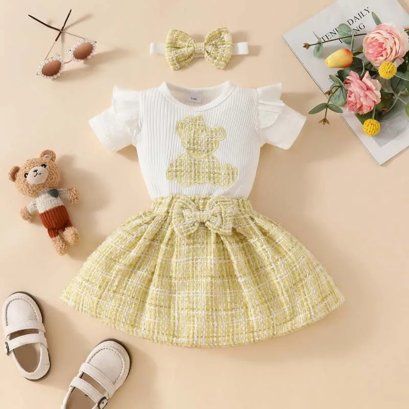 

Baby Clothing Newborn Girl Set 0-18 Months Summer Pit Stripe Short Sleeve Embroidered Bear Bodysuit Skirts Hairband 3Pcs Outfits