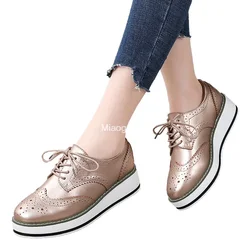 Primavera autunno donna Platform Gold Flats Brogue Leather Lace Up Classic Bullock calzature donna Oxford Shoes Fashion Casual Lady