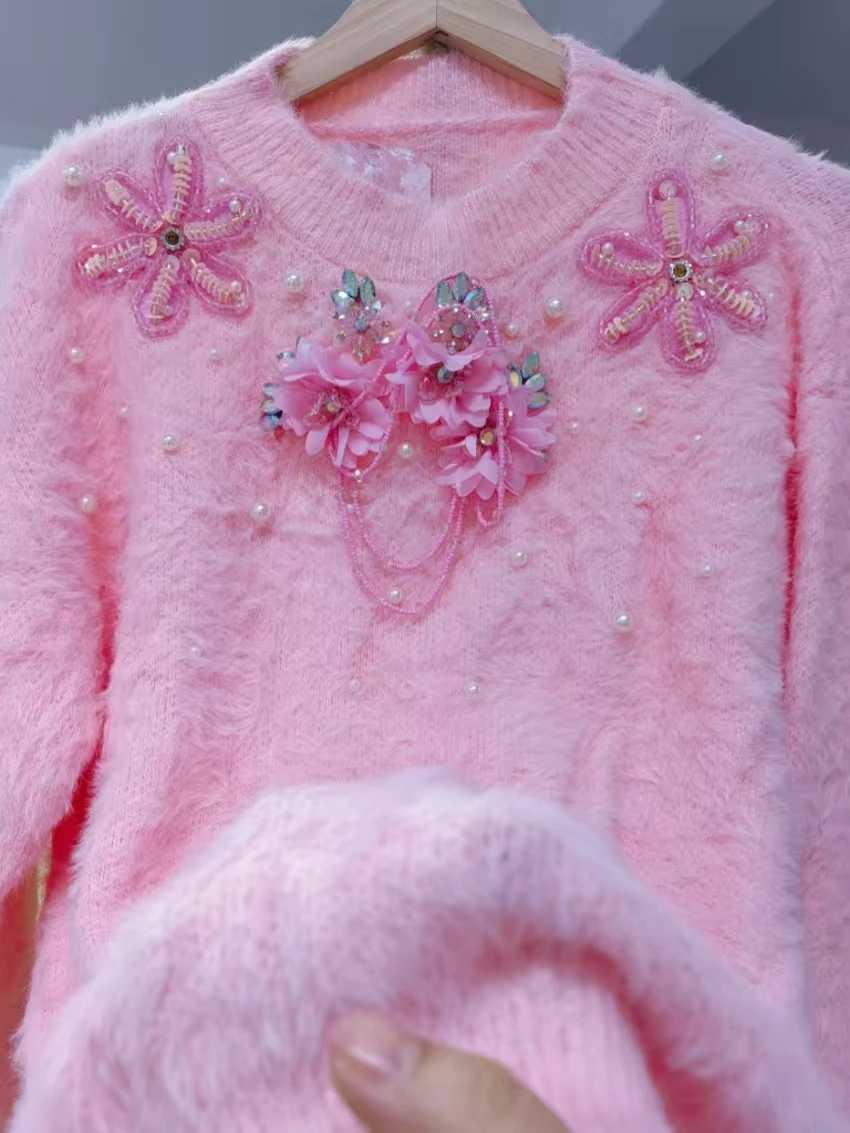 Real Photos Sparkling Crystal Stones Stitch Sweater for Women Autumn/Winter New Knit Outwears Knitwear Pullovers Femme Clothes
