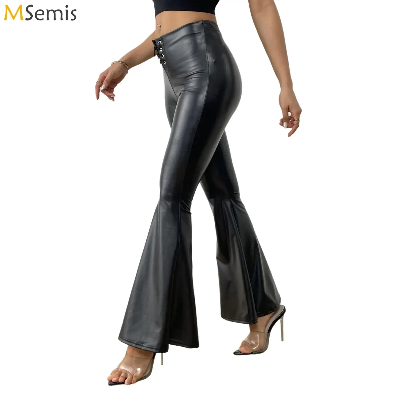 

Женские брюки-клеш из искусственной кожи и латекса, клубная одежда, с шнуровкой спереди, эластичный пояс, винтажный костюм