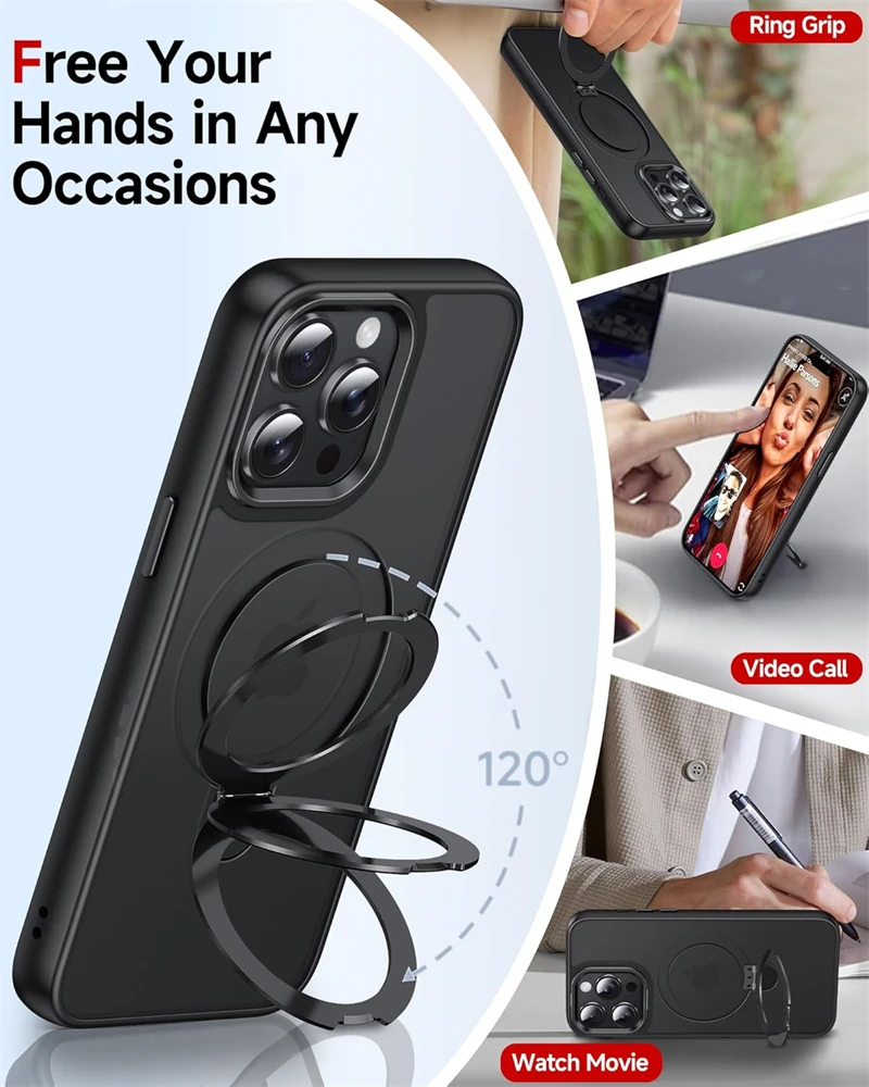 Metal Ring Stand Magnetic Case for IPhone Air 17 16 15 13 12 11 Pro Max 14 Plus 17Pro 16Plus Magsafe Matte Cover with Lens Flim view 2