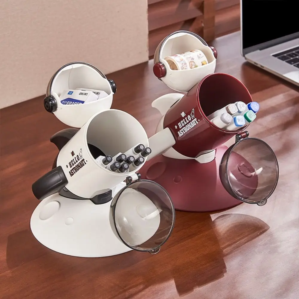 Creative Rocket Pen Holder Multifunctional Cartoon Astronaut Desktop Storage Box with Lid Decorative Cosmetic Brush Container