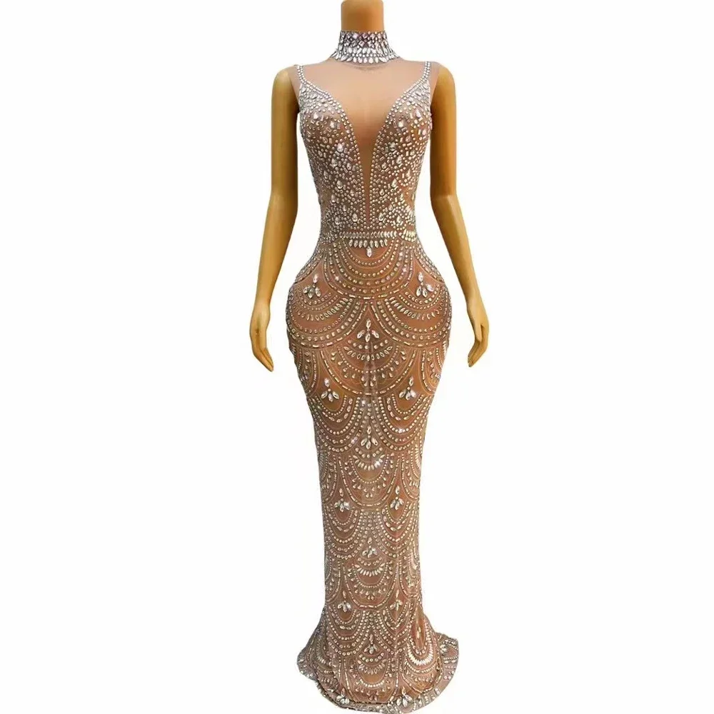 

Silver Rhinestones Transparent High Collar Dress Singer Performance Photoshoot Dress Birthday Celebrate Evening Stretch Costume