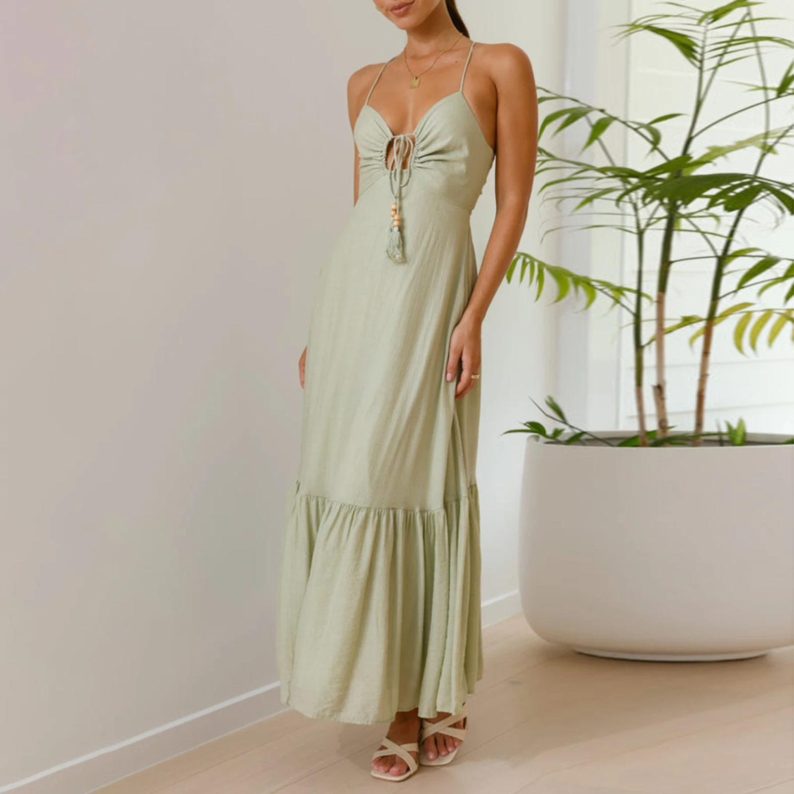 Women's Summer Long Cami Dress Solid Color Spaghetti Strap Cutout Tie-Up Front Backless Slim Dress