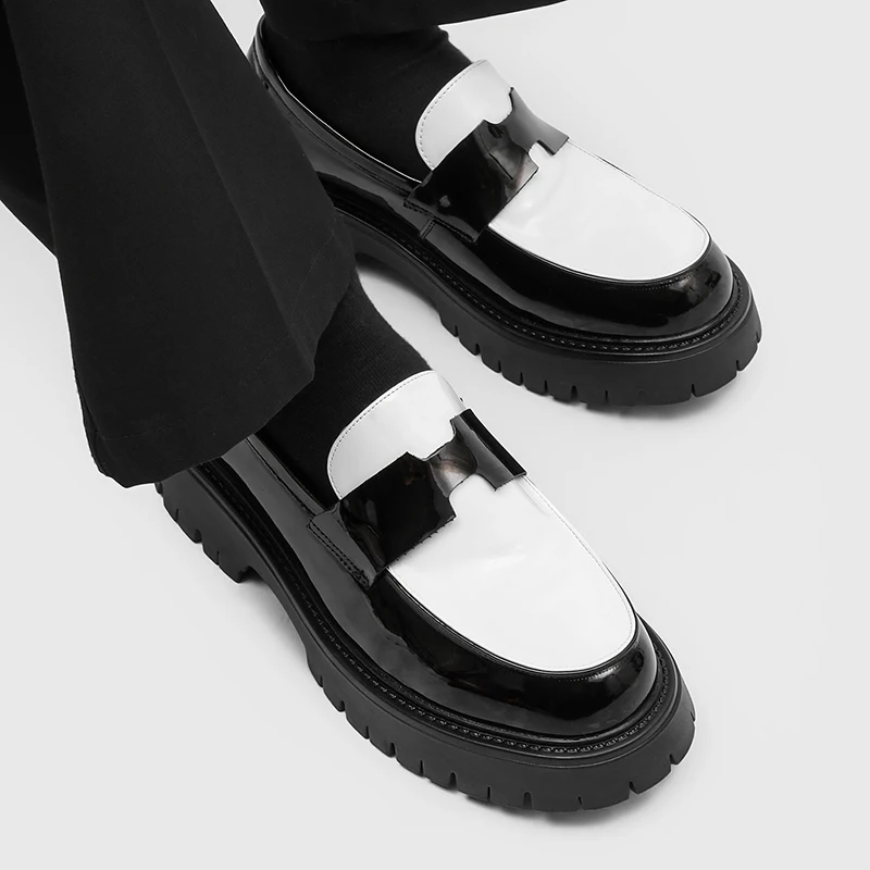 Men Thick Soled Loafers with Horizontal Decorative Color Blocking Lazy Height Increasing Commuting Retro Casual Shoes