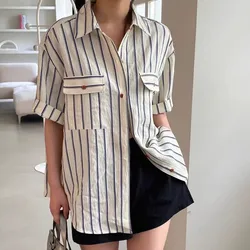 Fashion Lapel Stripe Shirt Elegant Women Blouses Short Sleeved Shirt Tops Casual Versatile Summer Breathable Blouse