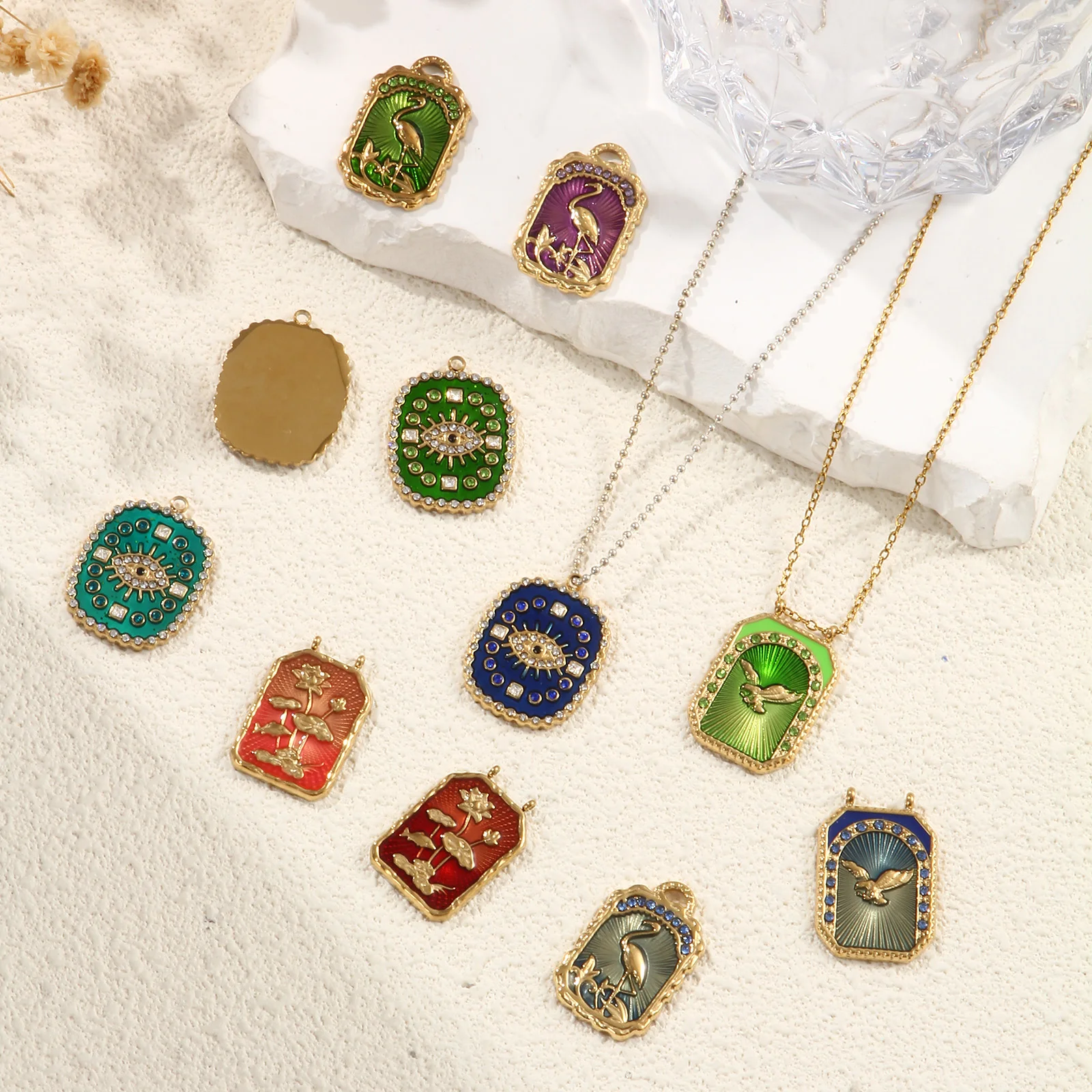 1 Piece 304 Stainless Steel Enamel Charms 18K Real Gold Plated Crane Eye of Providence/ All-seeing Eye Pendant DIY Necklace