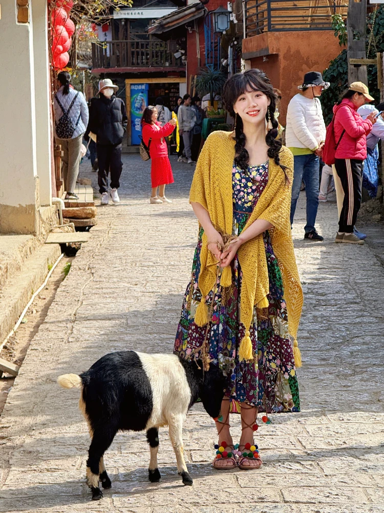 

Bohemian Style Knitted Fringed Open Cardigan Shawl Multifunctional Sun Protection Travel Photography Ethnic Fashion Women's A...