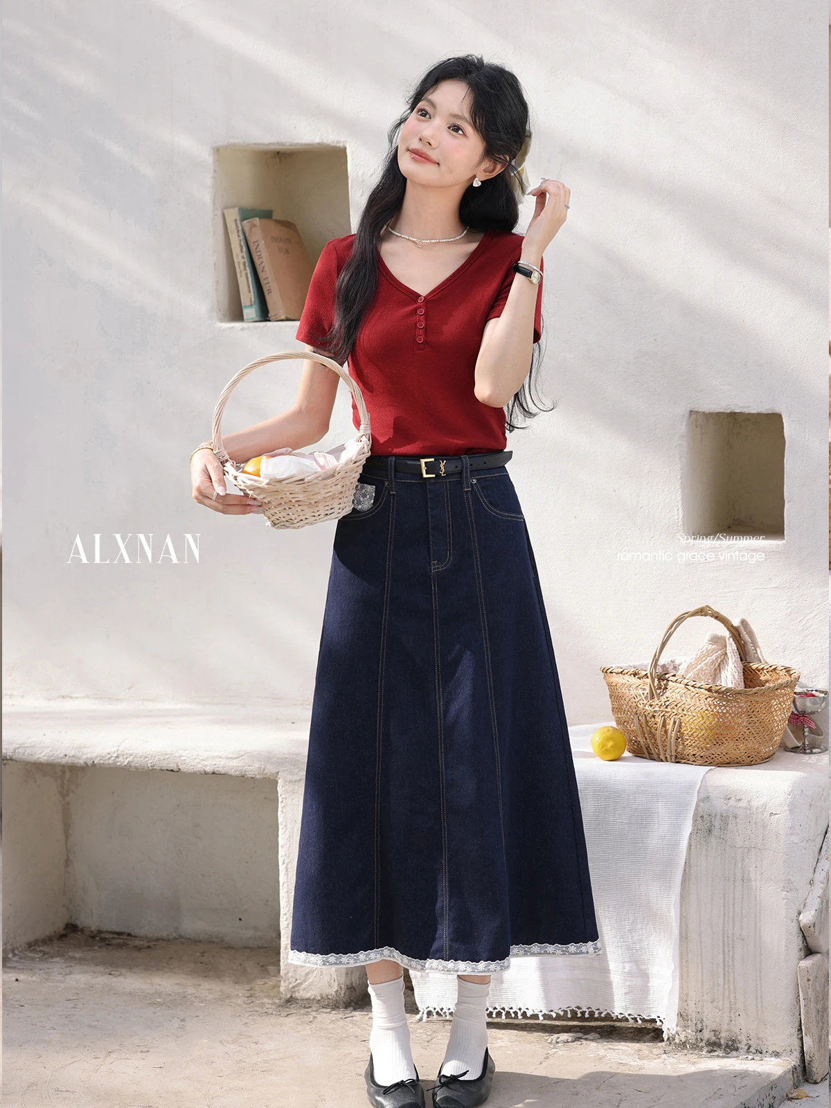 ALXNAN Women's Long Skirt Blue Vintage High-waist A-line Midi Denim Skirt 2025 Summer Casual Lace Design Ladies Clothing L55711