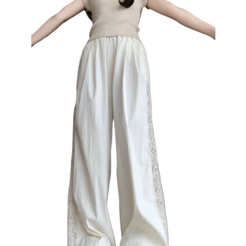 American Retro Lace Design Stitching Pants Female 2025 Summer High Street Straight Loose Wide Leg Drop Casual Pants