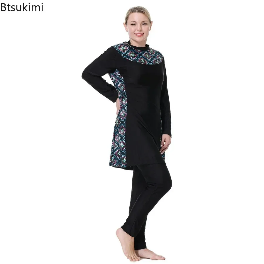 New 2024 Women\'s Muslim Swimwear Islam Modest Swimsuit Bikini Beachwear With Hijab Burkinis Femmes Swiming Suit With Long Sleeve