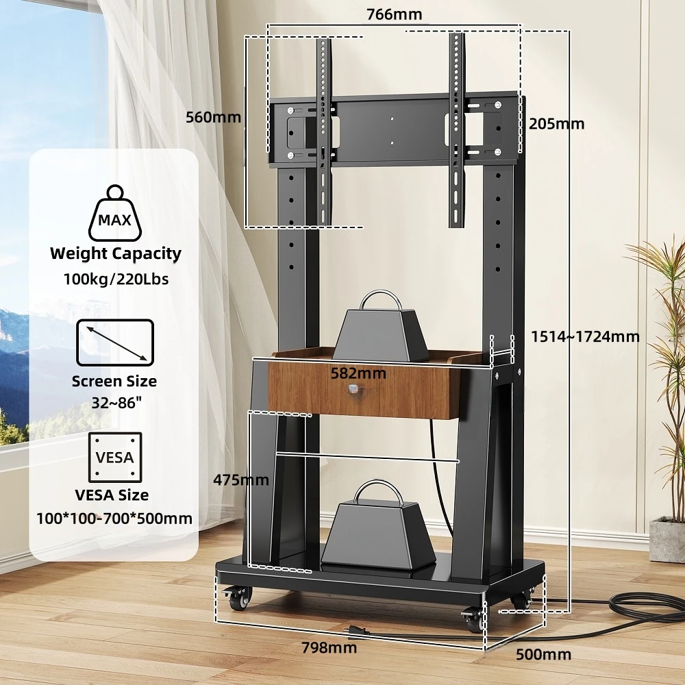 100kg Load Capacity Heavy Duty Mobile TV Cart Adjustable Rolling  Floor Stand with Drawer for 32-86 Inch TVs Office School