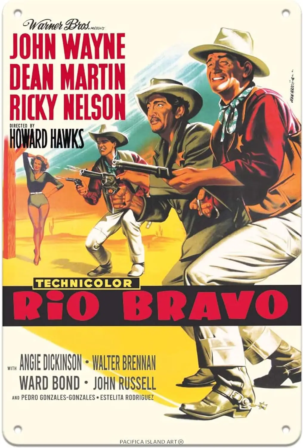 Rio Bravo - Starring John Wayne, Dean Martin, Ricky Nelson - Vintage Film Movie Poster c.1959-8in x 12in Tin Sign