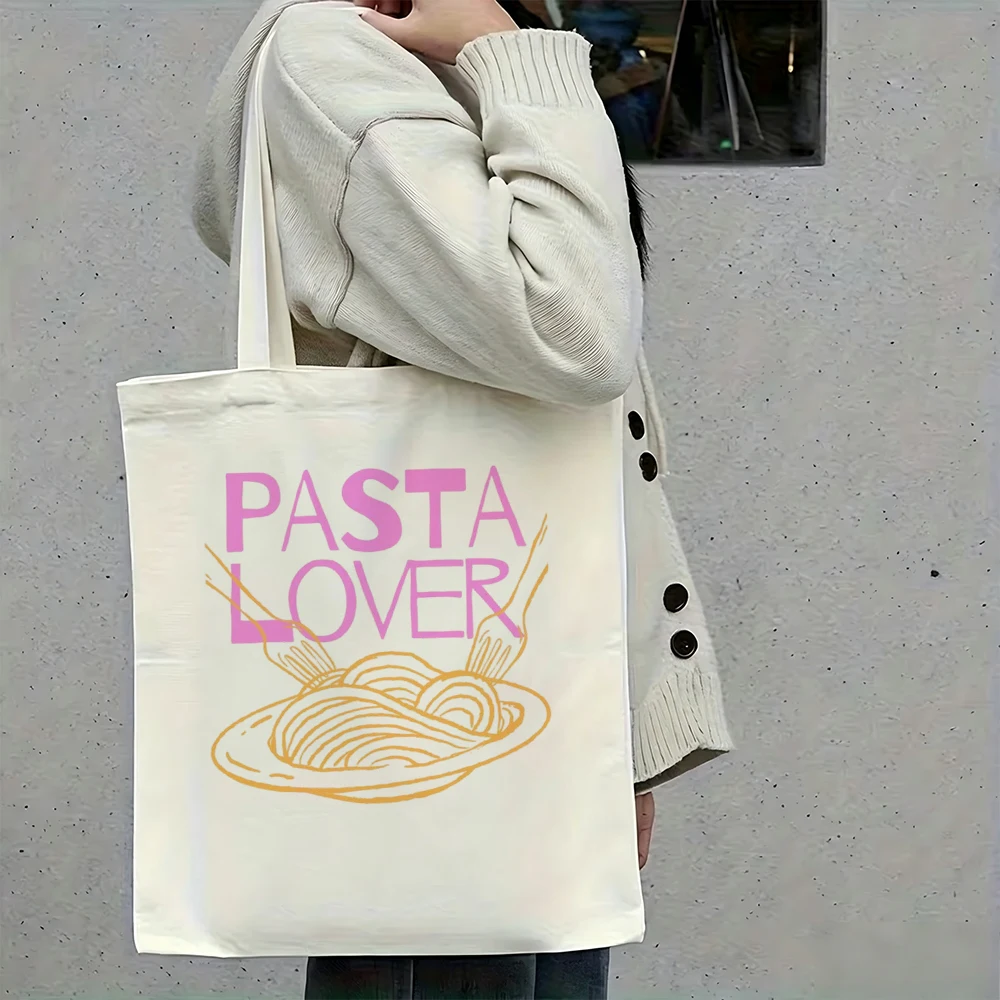 Aesthetic Pasta Lover Canvas Tote Bag Cute Italian Food Noodle Graphic Reusable Polyester Fabric Shoulder School Bookbag Pack