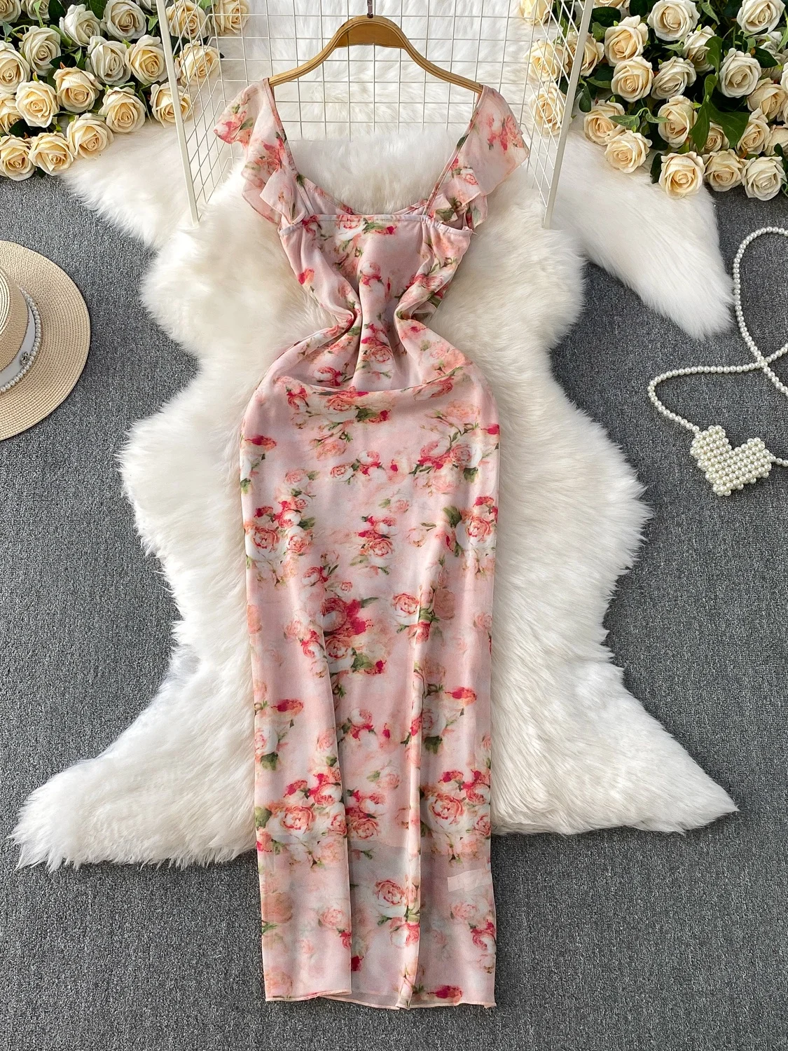 Ele Floral Print V-Ne Puff Sve Dr Damen High Waist Slim Fit Langer Rock Korean Sle Pendeln Sommer Midi Dr