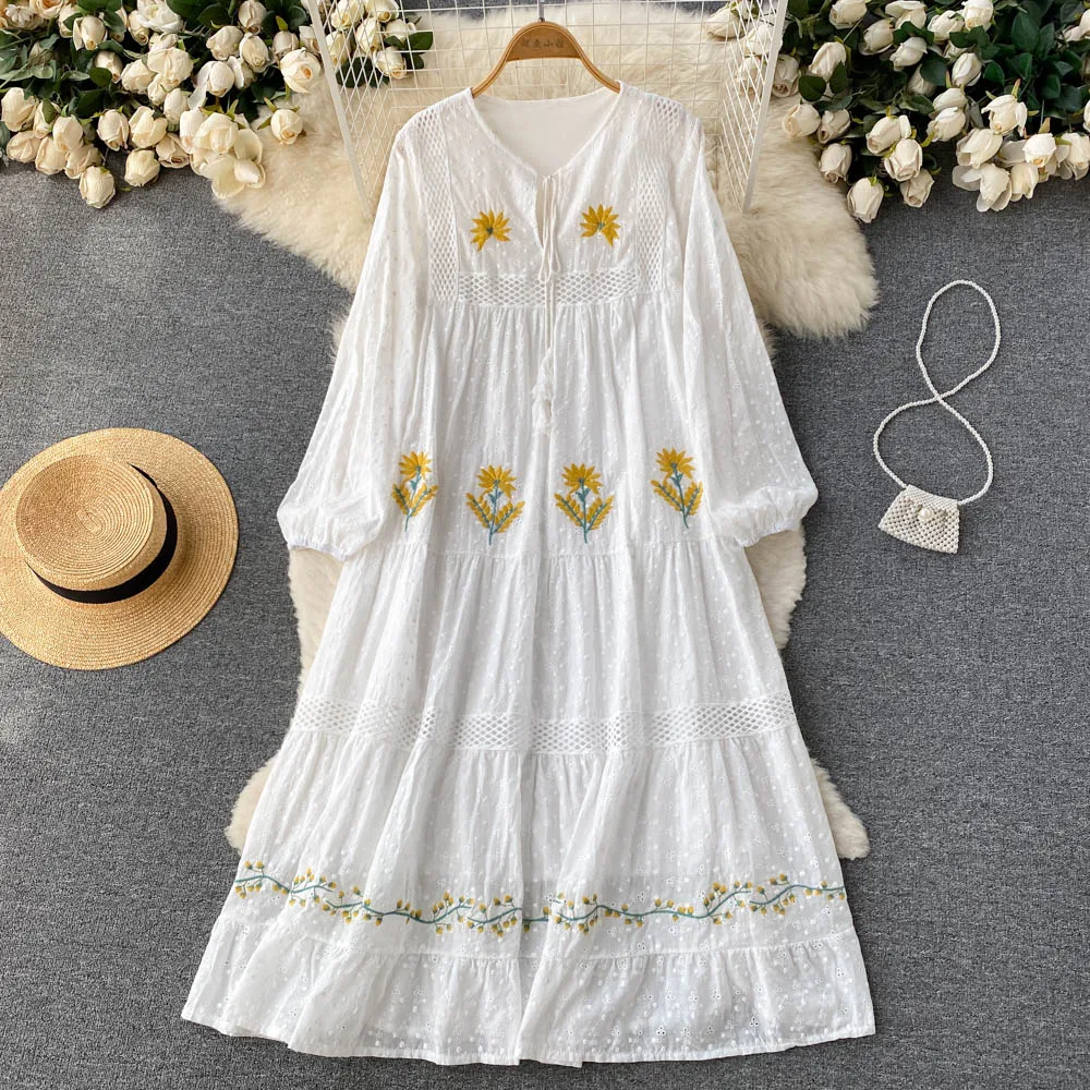 Vintage Chic Women Bohemian Heavy Flowers Embroidered Cotton Medium length Dress Robe Ladies V Neck Tassel Boho Maxi Dresses