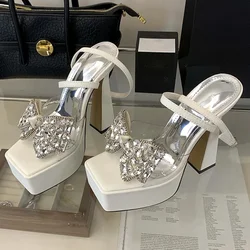 Luxury Rhinestone Transparent Platform Sandals Women Open Toe Summer Fashion Slingback Party Dress Shoes Crystal Bow High Heels