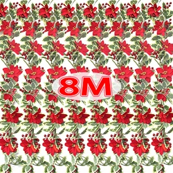 Holly Leaf Garland Festive Red Berry Christmas Wall Decor with Artificial Flowers Xmas Tree Hanging Ornaments Home Decoration