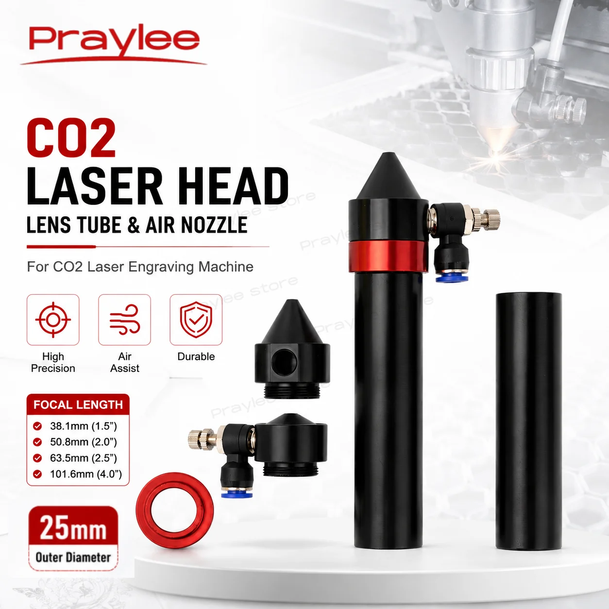 Praylee CO2 Laser Head Lens Tube Outer Diameter 25mm Air Nozzle Dia.20 FL 38.1/50.8/63.5/101.6mm for CO2 Laser Engraving Machine