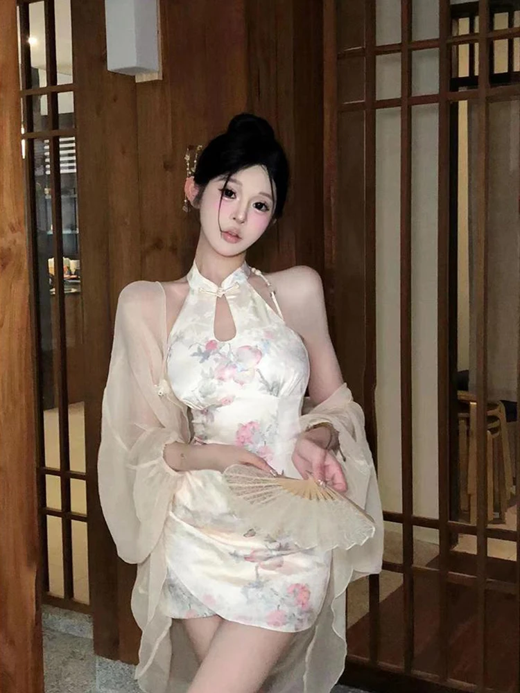 

New Chinese Style National Trend SYJ Shuyijia plus Size Women's Short Dress Waist Cinched Bodycon Dress Lantern Sleeve Casual...