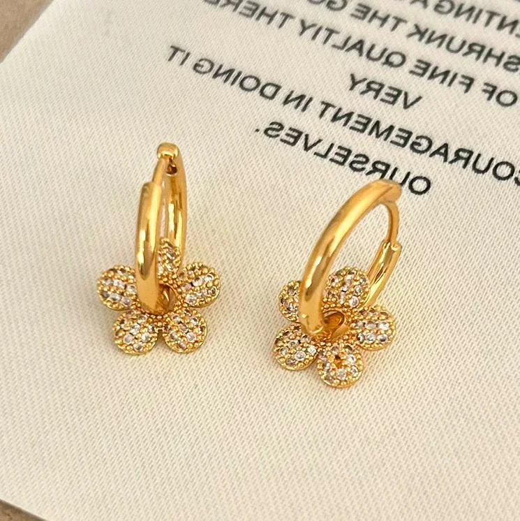 

Real 925 Sterling Silver 18K Gold Zircon Mini Flower Hoop Earrings for Women Cute Plant Fine Jewelry Detachable Accessories
