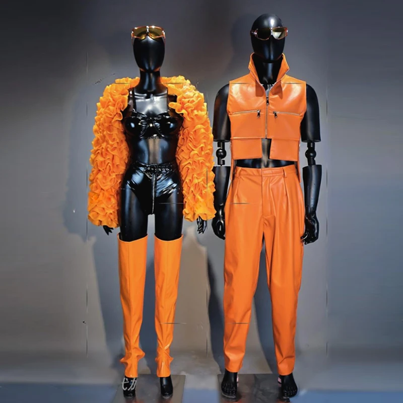 Gogo ملابس الرقص بدلة برتقالية لأداء المسرح للنساء عرض الحفلات الزي معطف منفوش مهرجان الهذيان ارتداء ملابس رجالي 3619