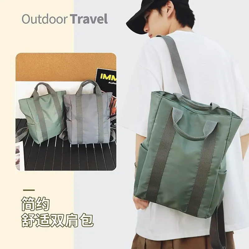 Unisex Black Nylon Backpack Tote Bag with Grey Straps Convertible Handbag Casual School Travel Daypack for Daily Use