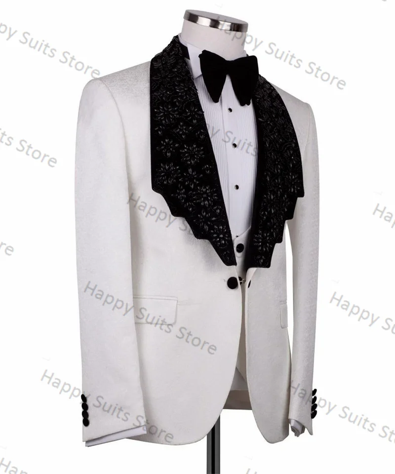 White Crystals Men Suit Set 2 Pieces Blazer+Black Pant Formal Work Office Male Jacket Prom Coat Trousers Groom Wedding Tuxedos