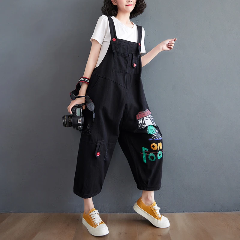 Summer Cartoon Print Denim Overalls Women Clothing Loose Fashion Hole Jumpsuits Female Red Jeans Rompers Streetwear 2022 New