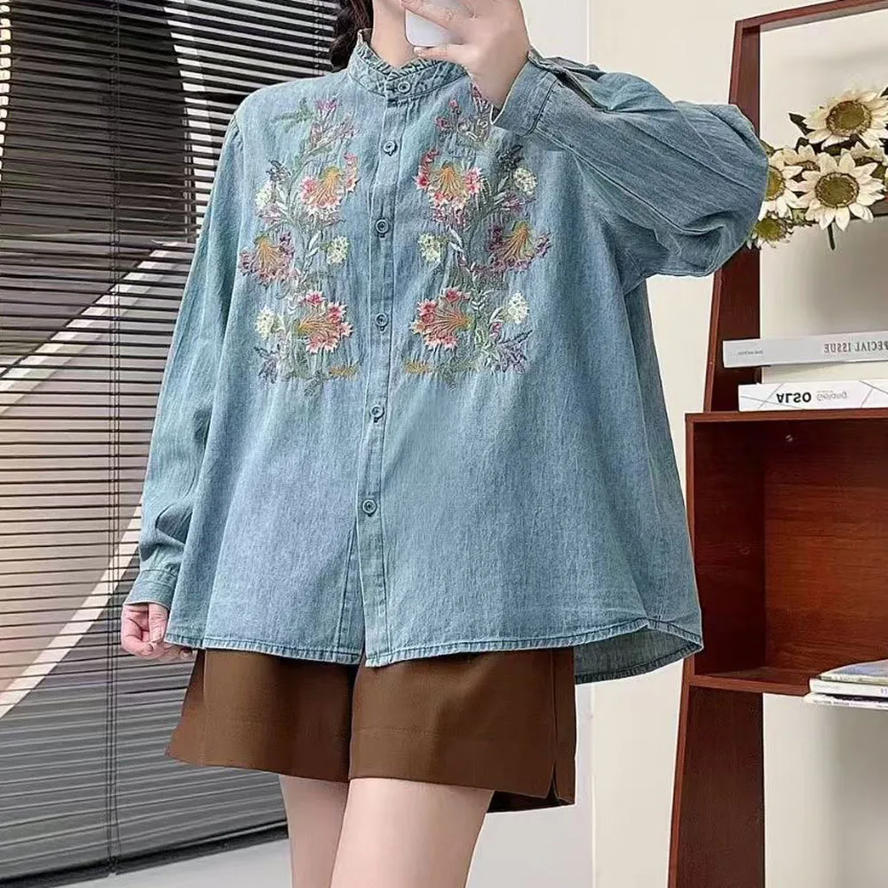 

Осенняя женская одежда, винтажные джинсовые рубашки и блузки в японском стиле с воротником-стойкой и цветочной вышивкой, хлопковые женские джинсовые рубашки