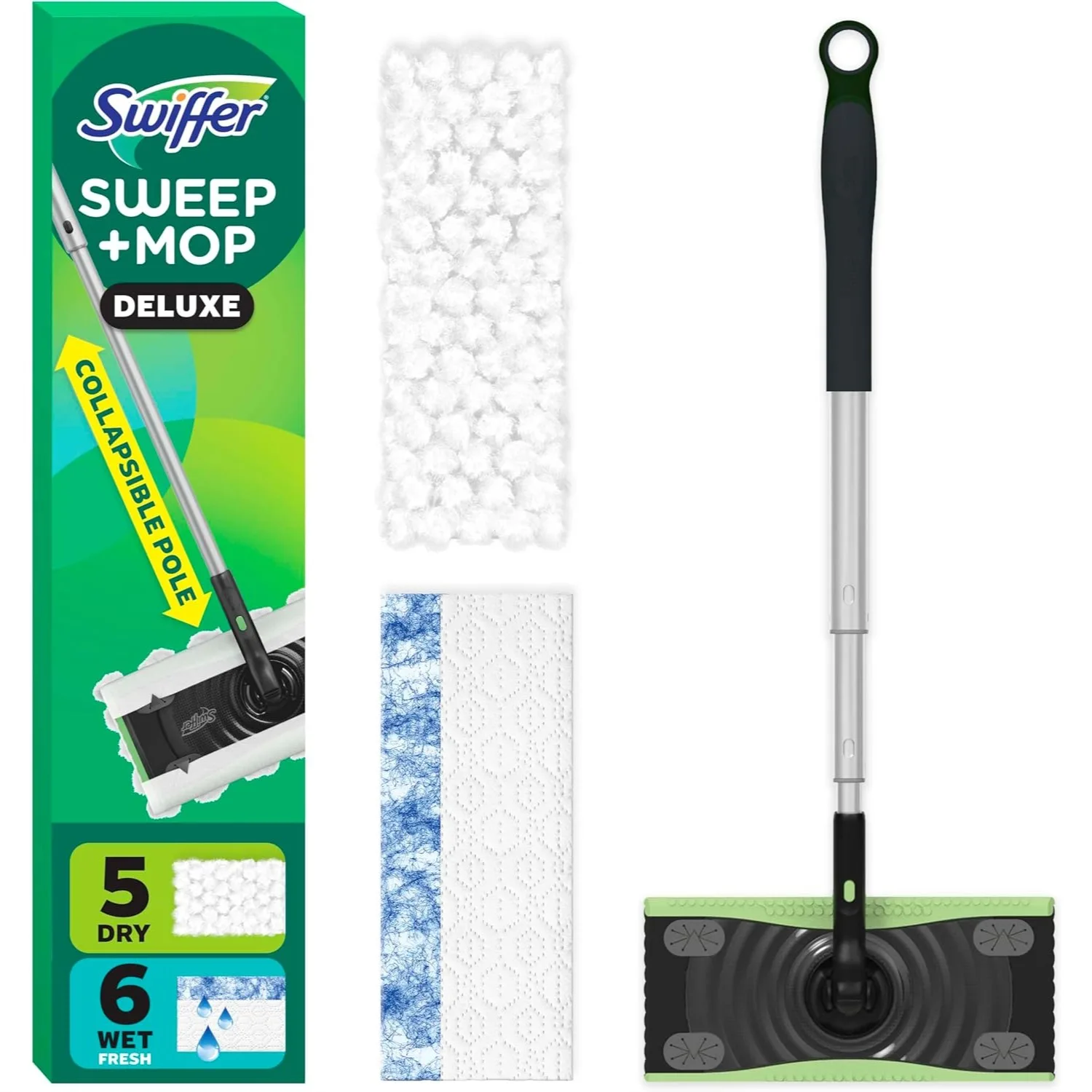

2-in-1 Floor Cleaning Kit for Sweeping and Mopping, Includes Sweeper Device, 5 Dry + 6 Wet Heavy Duty Cloths, Collapsible Pole,