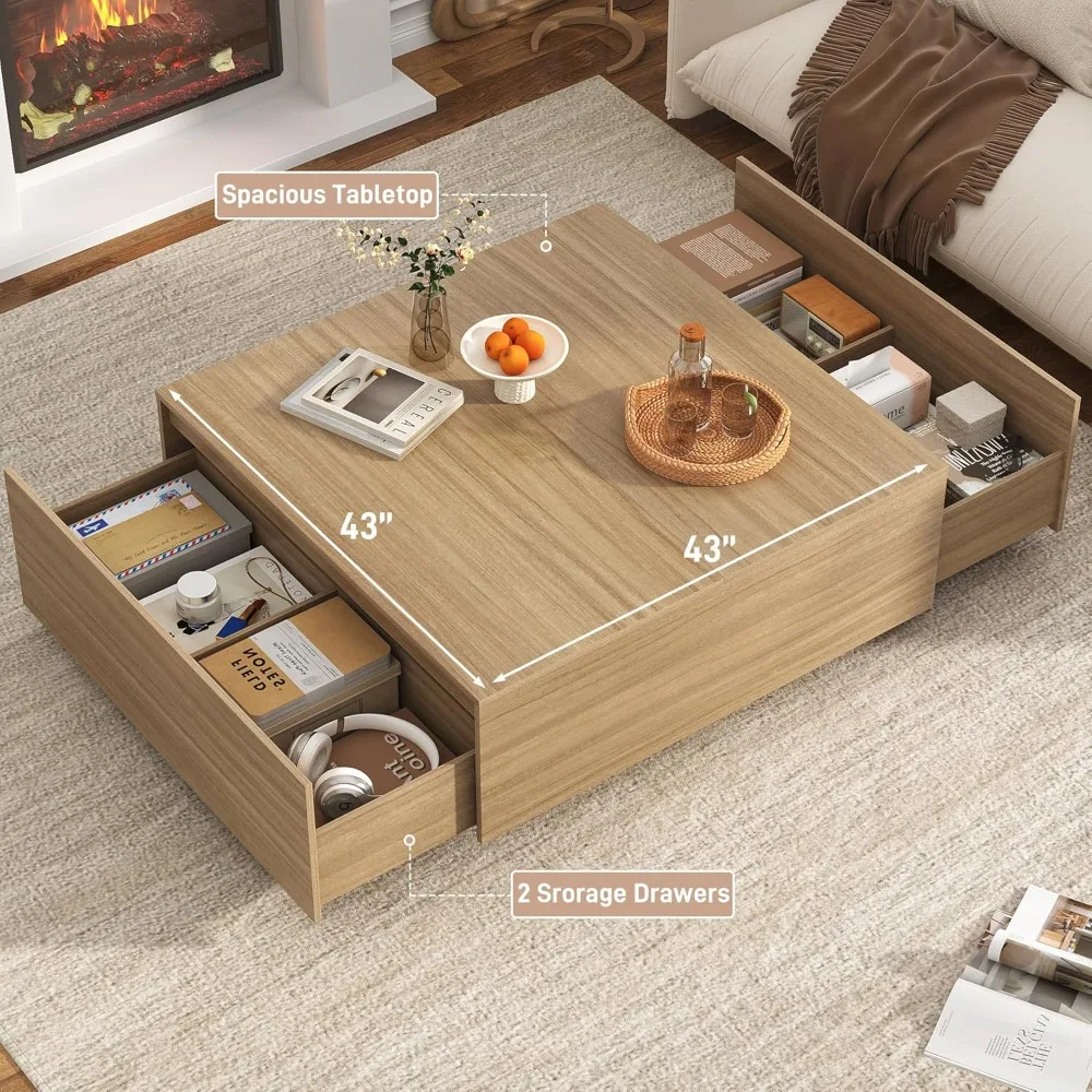 Modern Large Square Coffee Table with Storage, 2 Drawers, Light Wood for Living Room