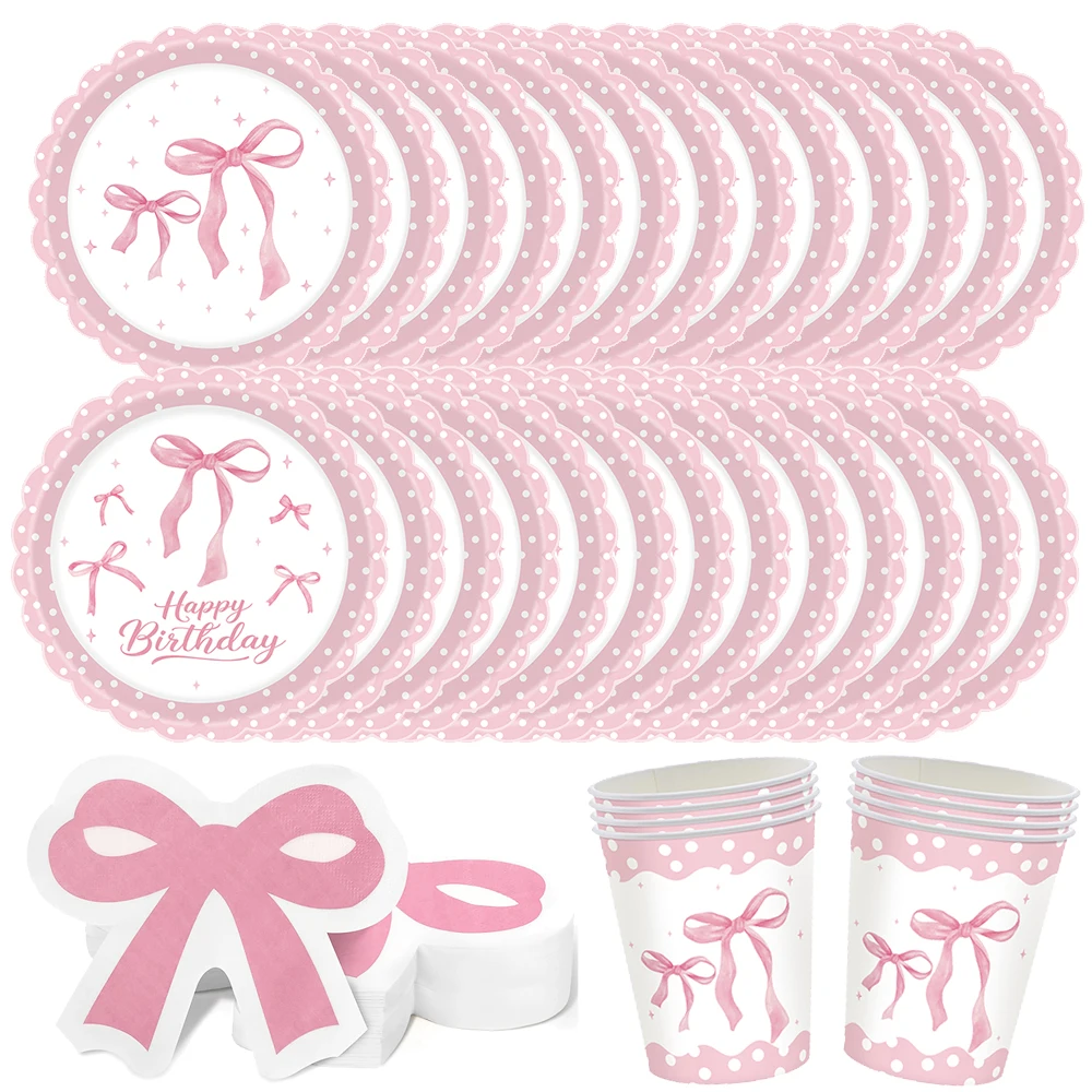 Polka Dot Rosa Schleife Geschirr Mädchen Geburtstagsdekorationen Schleife Serviettenteller Tasse Tischdecke Gabel Party Dekoration Schleife Babyparty