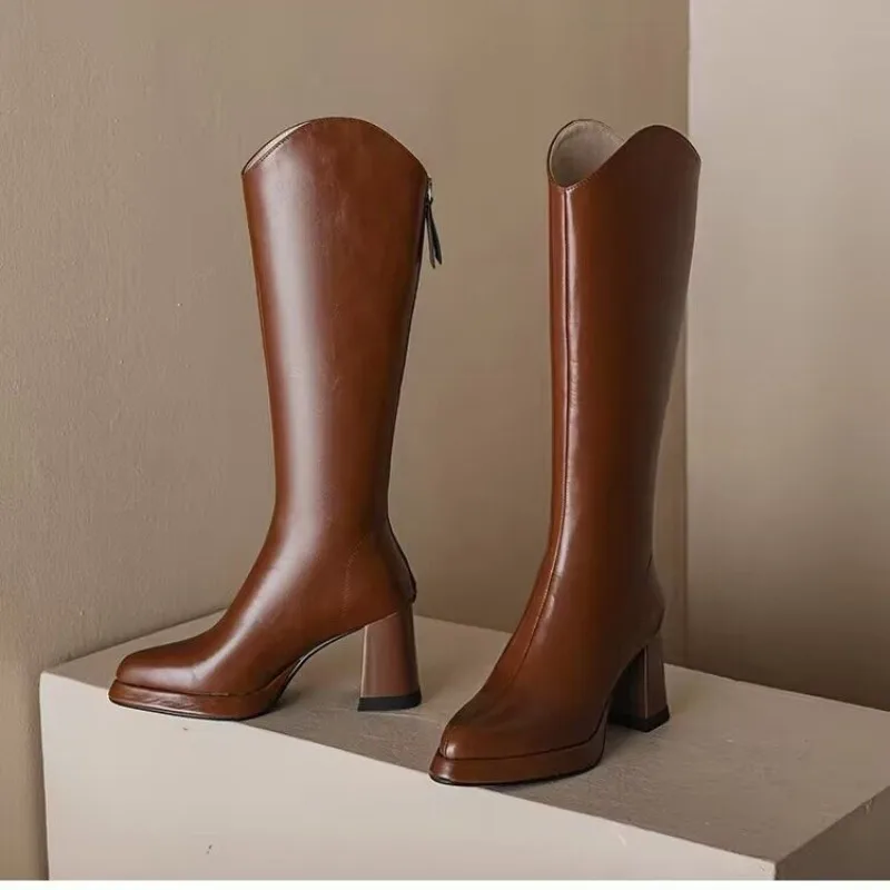 

Women's Knee-high Boots Luxury Pointe Toe Leather Boots Fashion Thick Heel High Heel Boot Knight Booties Women Winter Long Boots