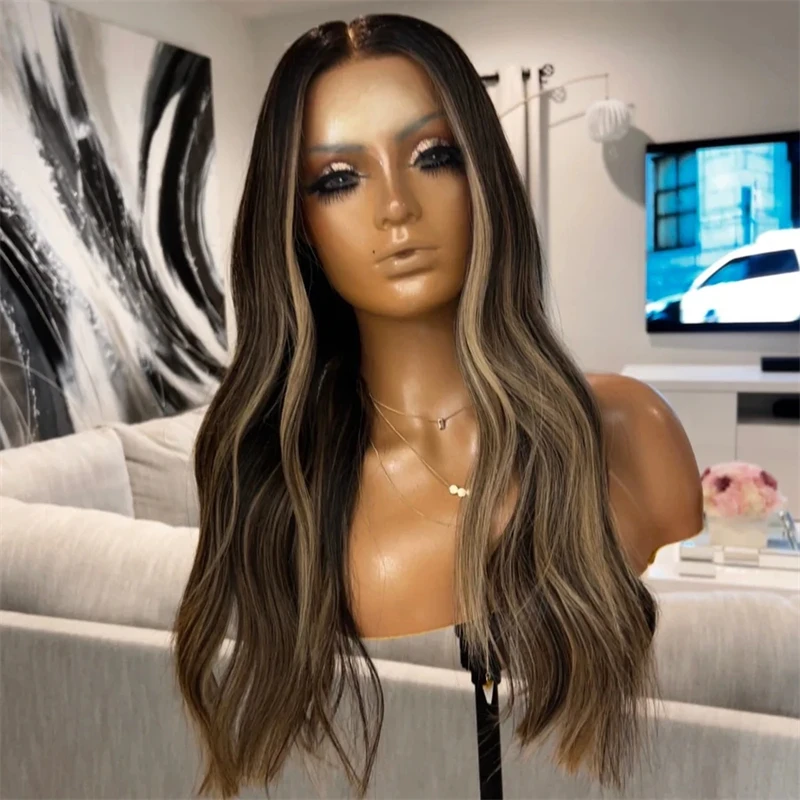 Ombre Dark Brown Highlights Synthetic HD Lace Front Wig HD Invisible Transparent Lace Wig  Middle Part Realistic Look Body Wave