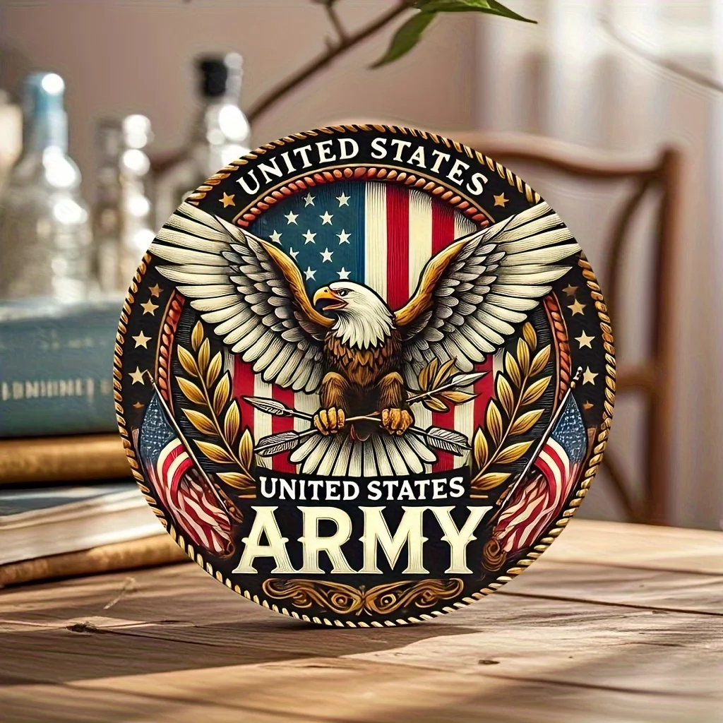 Ein rundes Holzschild, amerikanisches Militärthema, Abmessungen 7,8 Zoll x 7,8 Zoll, geeignet für Innen- und Außendekoration, ideal für